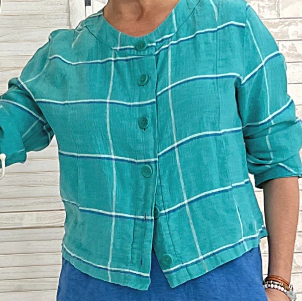 Flax Dreamy‎ Shirt Cyan Tattersall Plaid Linen Womens Small NWT New Pockets
